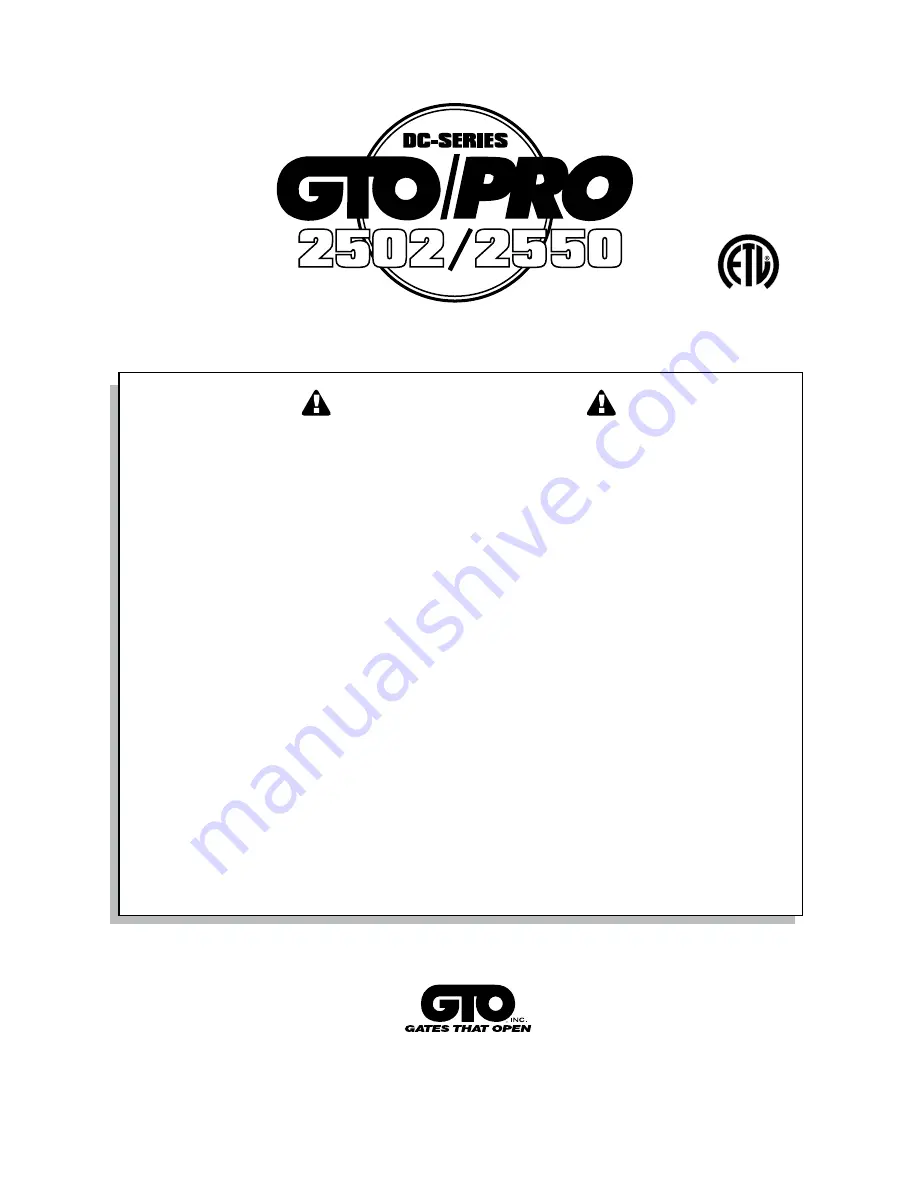 GTO SW-2502 Installation Manual Download Page 1