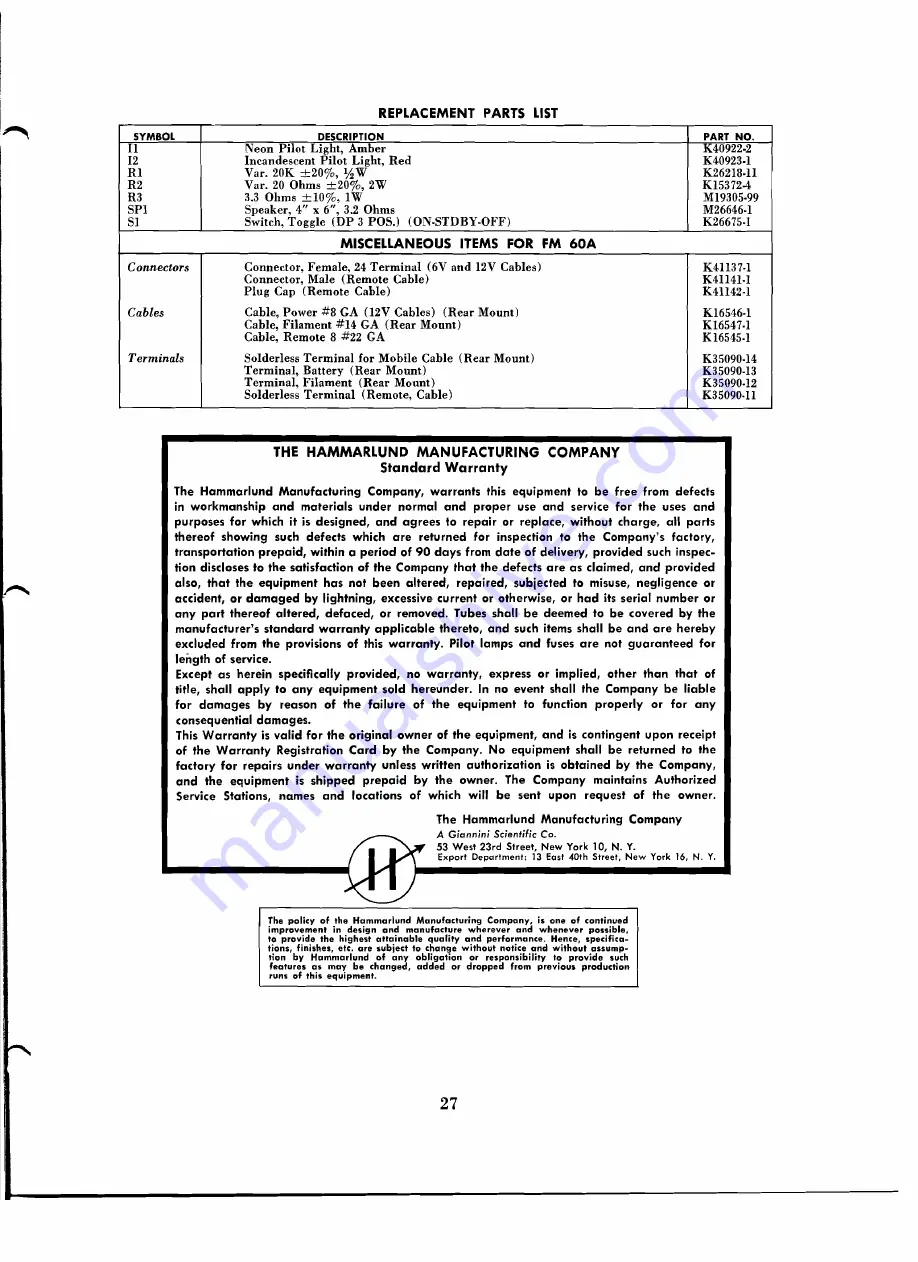 Hammarlund FM 60A Installation And Service Manual Download Page 28