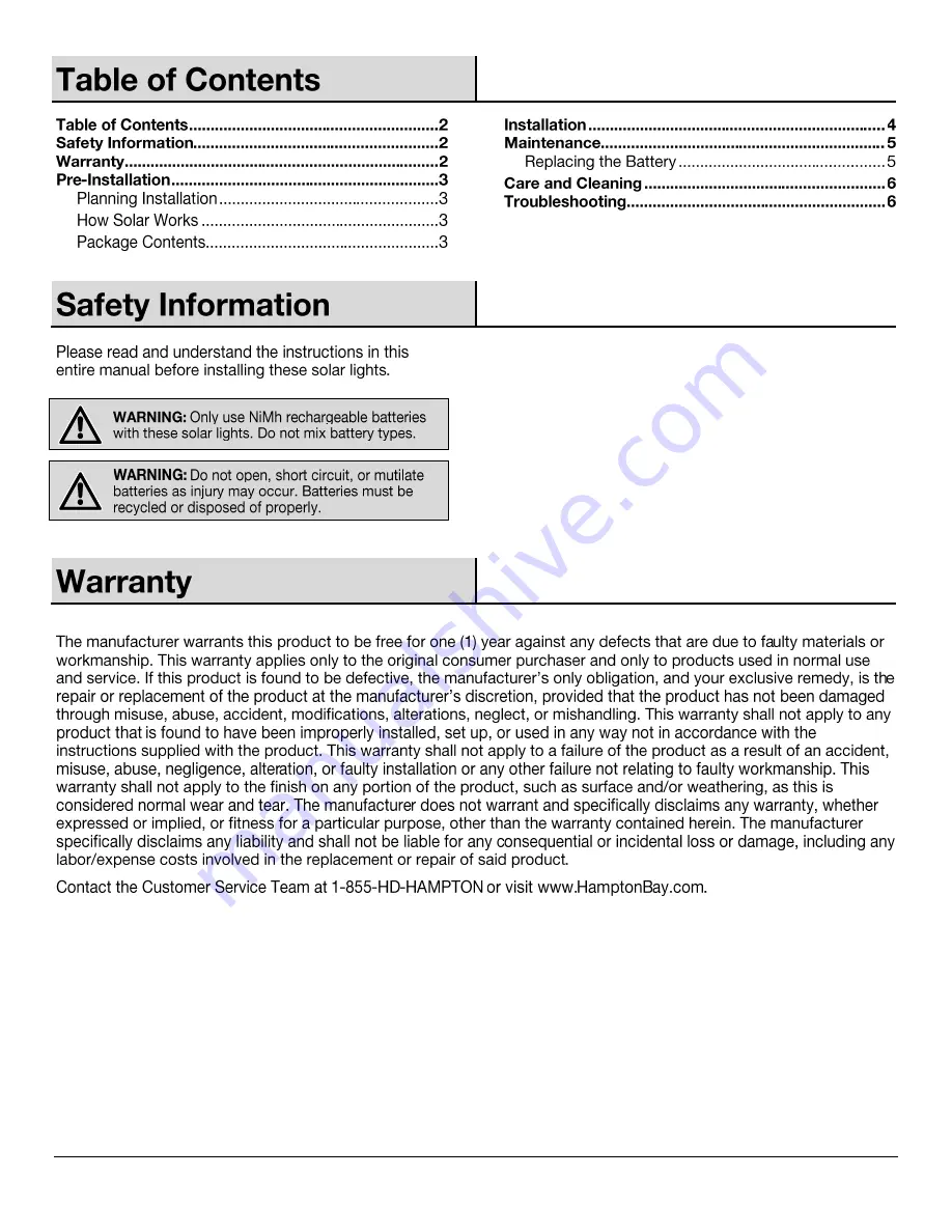 HAMPTON BAY NXT-3149 Use And Care Manual Download Page 2