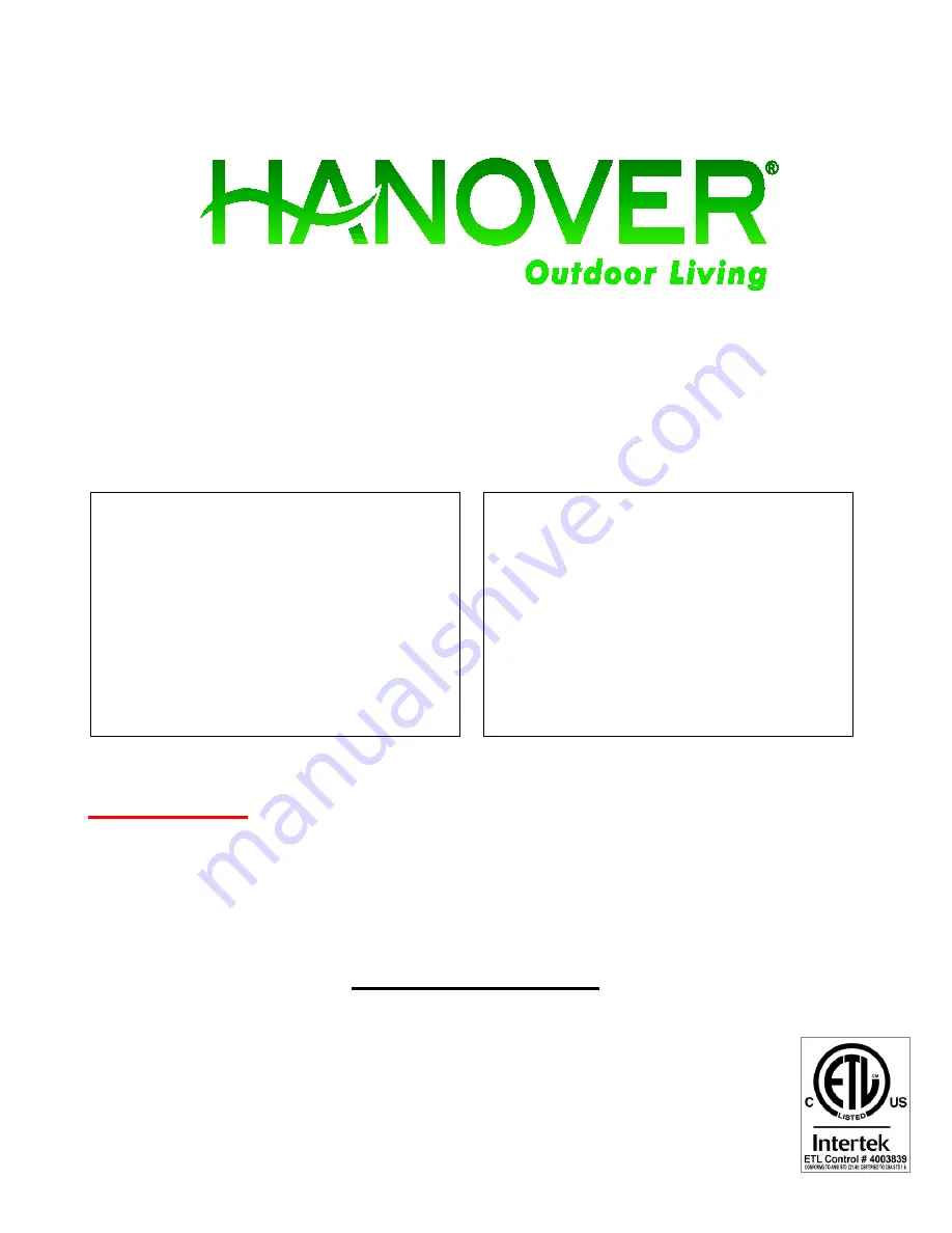 Hanover 500325 Use & Care Manual Download Page 1