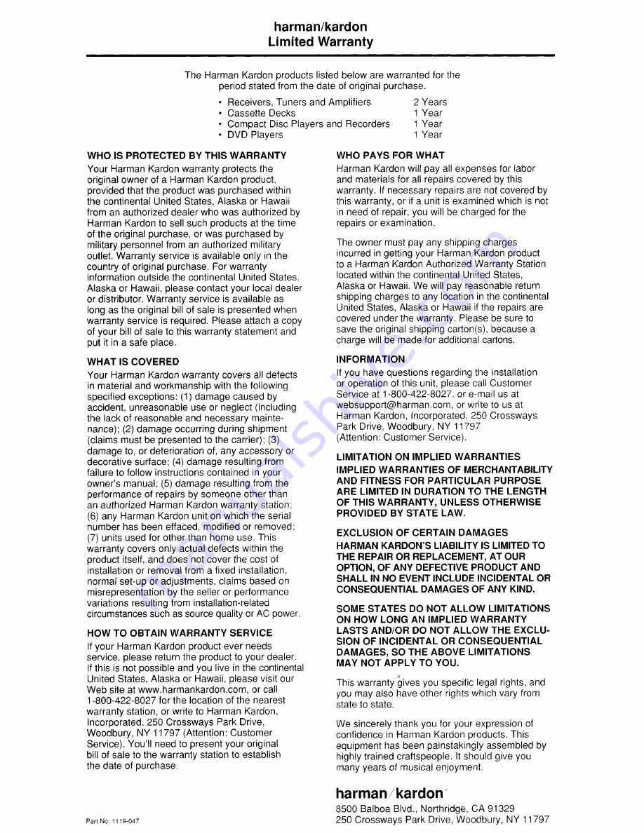 Harman Kardon AVR 225 Owner'S Manual Download Page 58