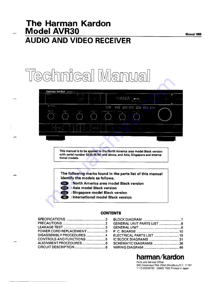 Harman Kardon AVR 30 Technical Manual Download Page 1