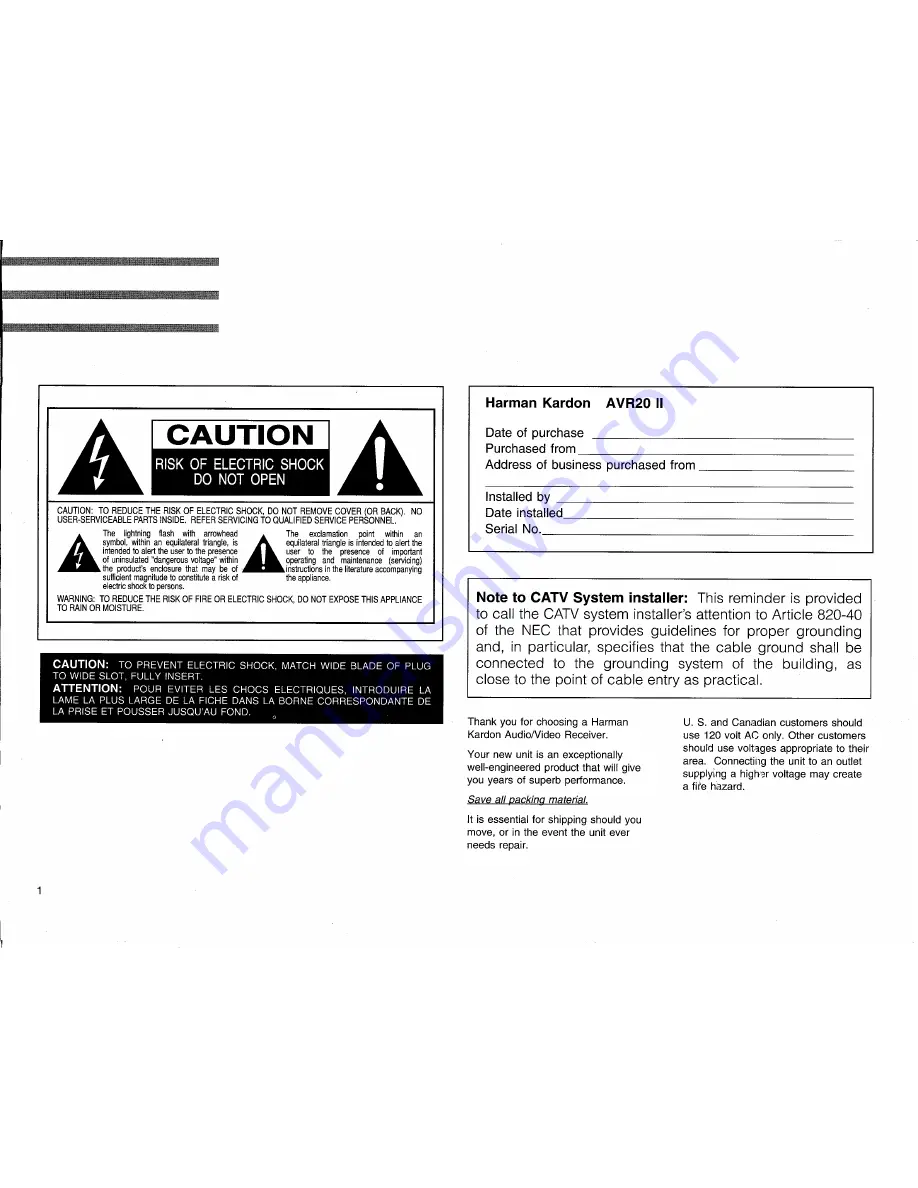 Harman Kardon AVR20 II Owner'S Manual Download Page 2