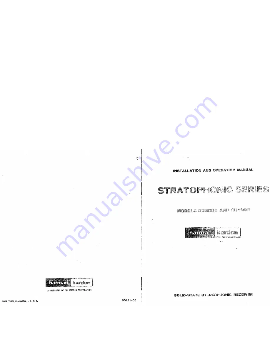 Harman Kardon Stratophonic SR300B Installation And Operation Manual Download Page 1