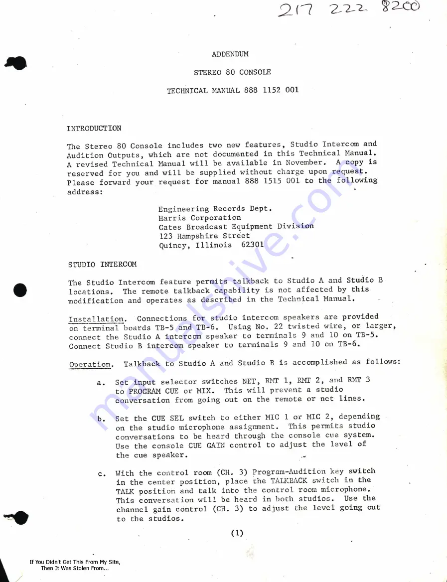 HARRIS INTERTYPE GATES STEREO 80 Technical Manual Download Page 46