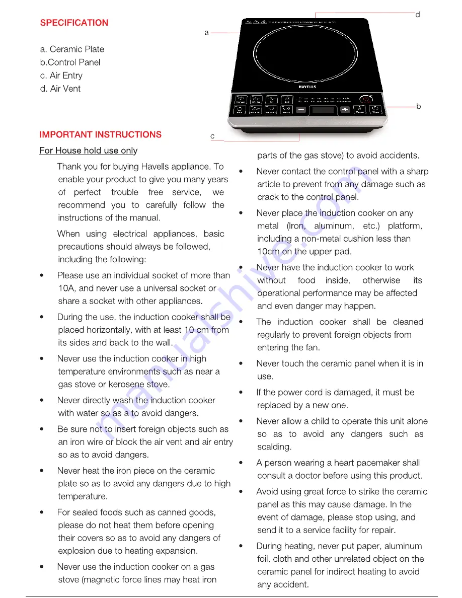 Havells ST Insta Cook Operating Instructions Manual Download Page 2