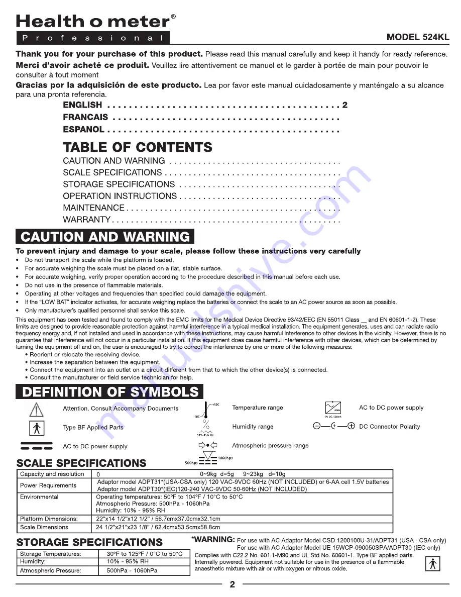 Health O Meter 524KL Operation Manual Download Page 2