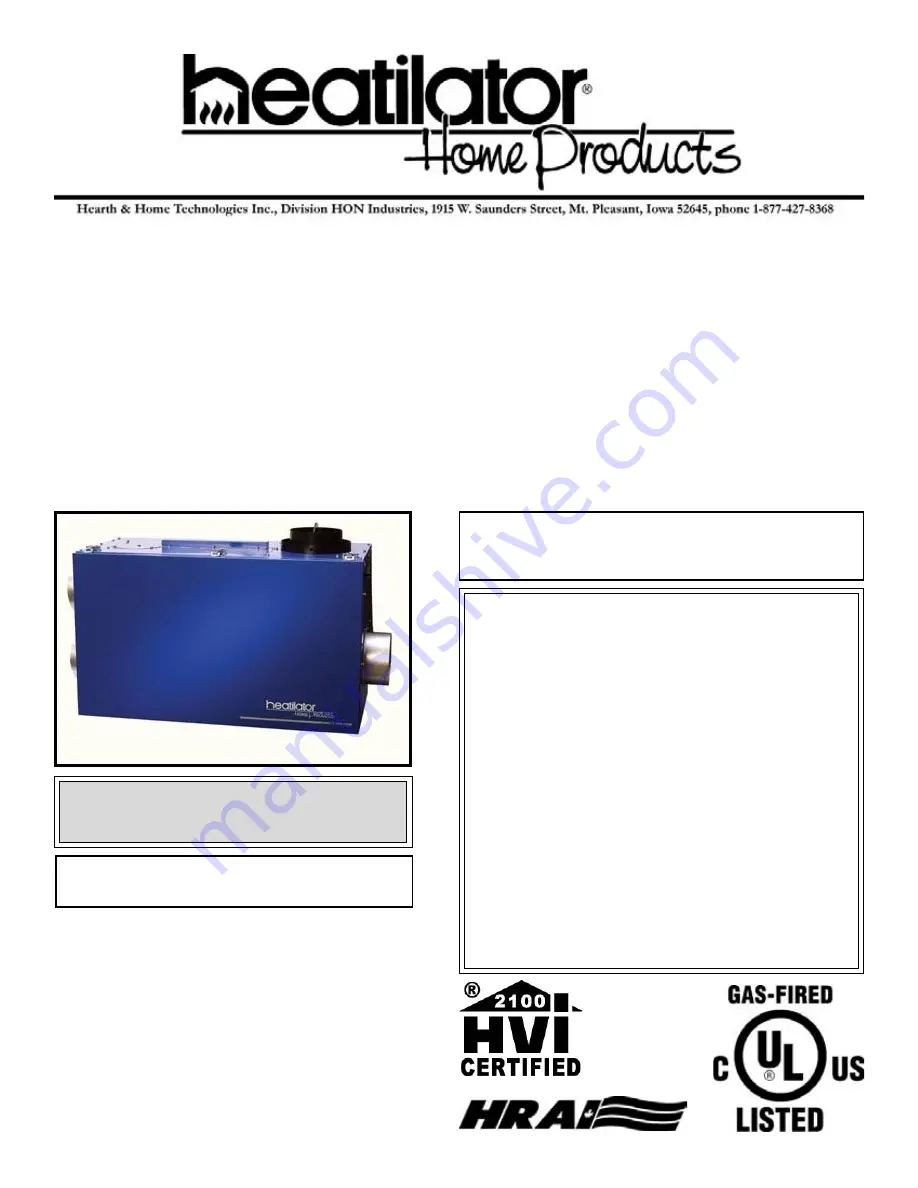 Hearth and Home Technologies Heat Recovery Ventilator HRV200PLUS Installation And Operating Instructions Manual Download Page 1