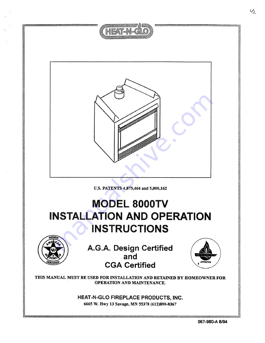 Heat-N-Glo 8000TV Installation And Operation Instructions Manual Download Page 1