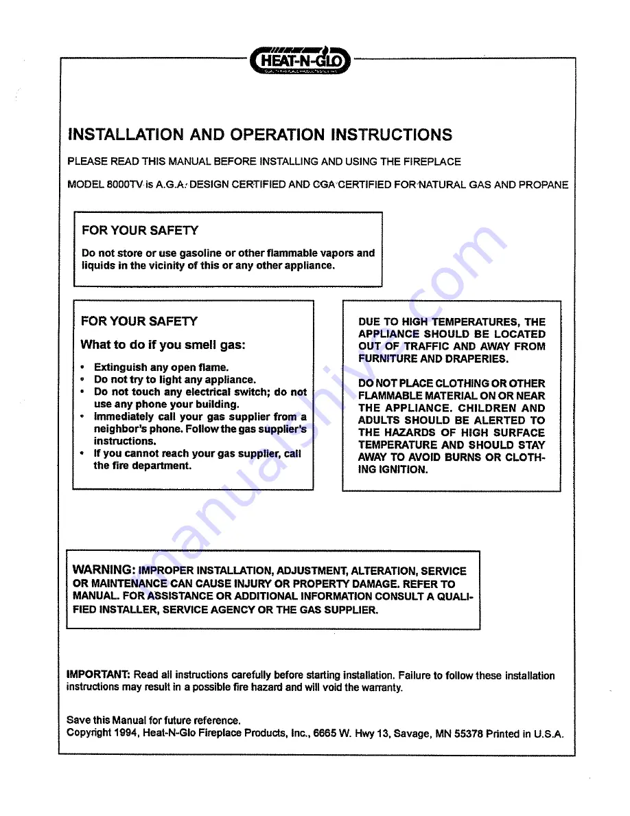 Heat-N-Glo 8000TV Installation And Operation Instructions Manual Download Page 2