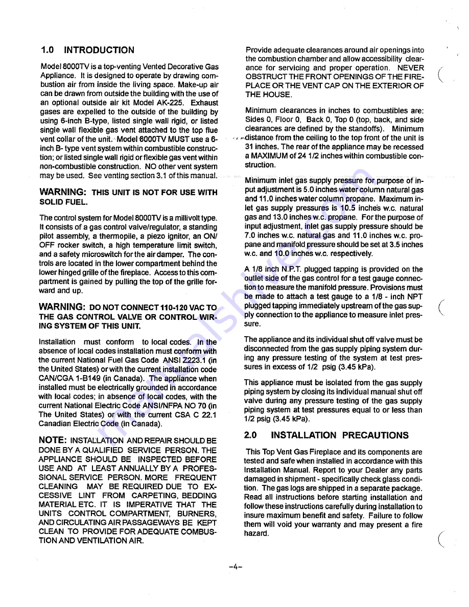 Heat-N-Glo 8000TV Installation And Operation Instructions Manual Download Page 5