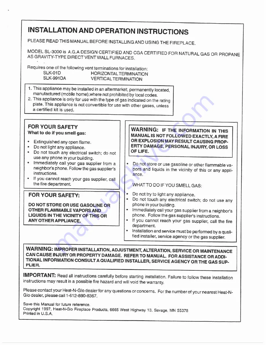 Heat-N-Glo SL-3000 Installation And Operation Manual Download Page 3