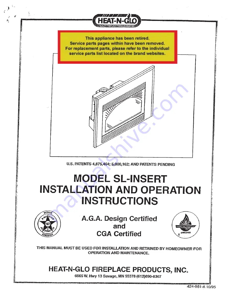 Heat-N-Glo SL-Insert Installation And Operation Instructions Manual Download Page 1