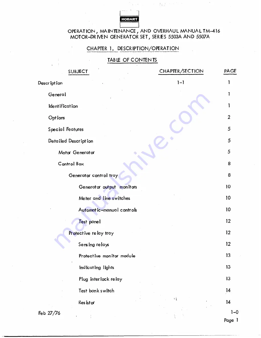 Hobart TM416 Operation And Maintenance Instruction Manual Download Page 19