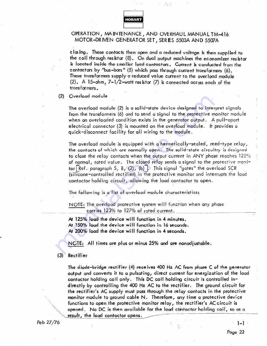 Hobart TM416 Operation And Maintenance Instruction Manual Download Page 47