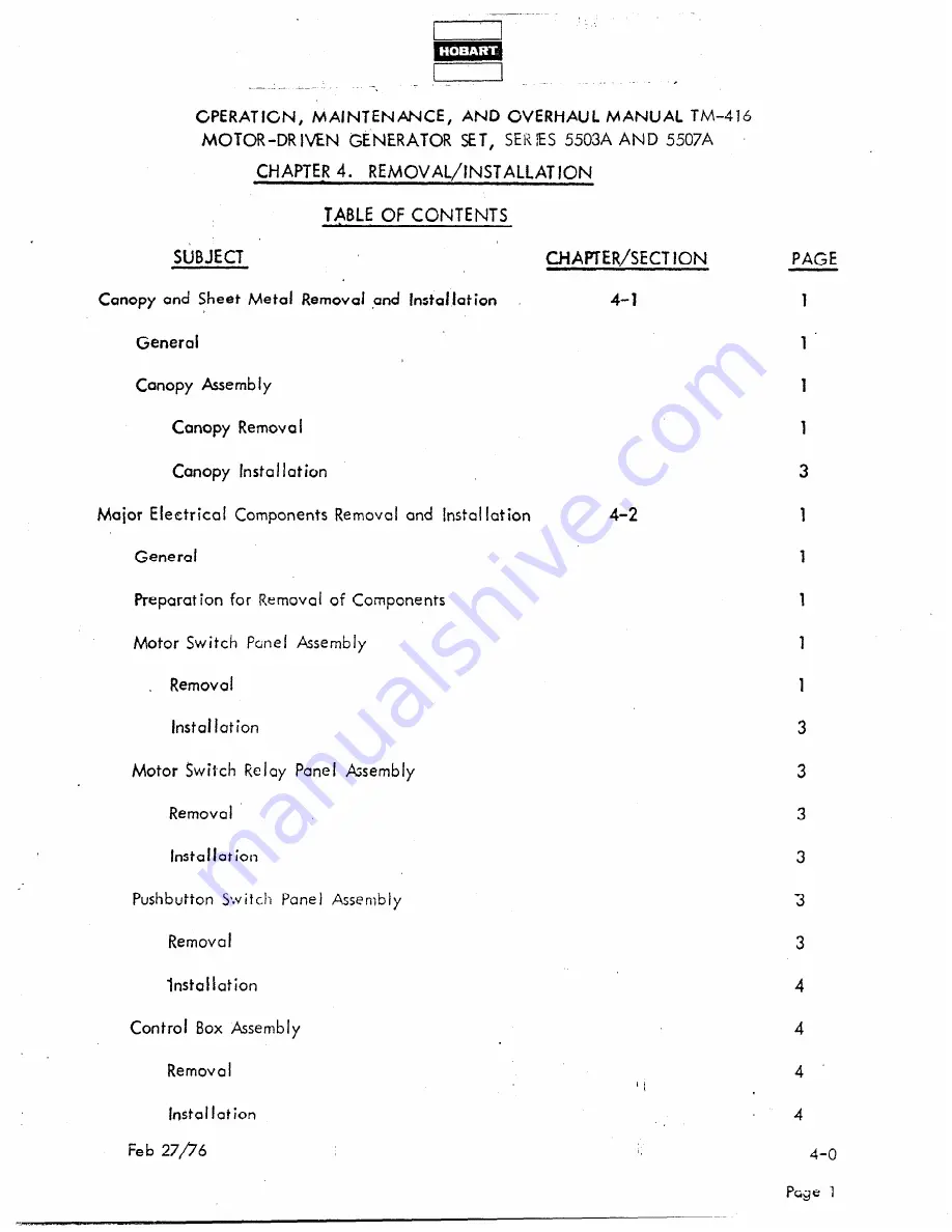 Hobart TM416 Operation And Maintenance Instruction Manual Download Page 143