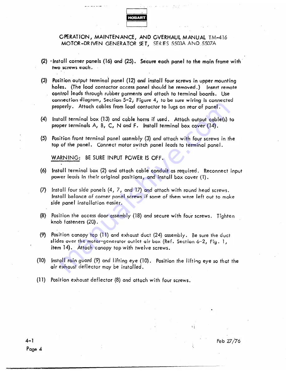 Hobart TM416 Operation And Maintenance Instruction Manual Download Page 148