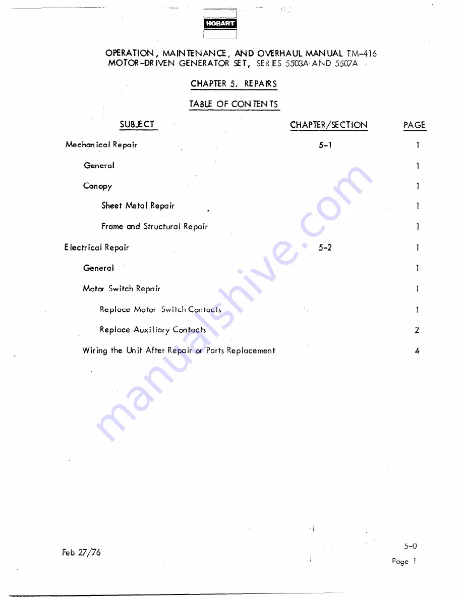 Hobart TM416 Operation And Maintenance Instruction Manual Download Page 157