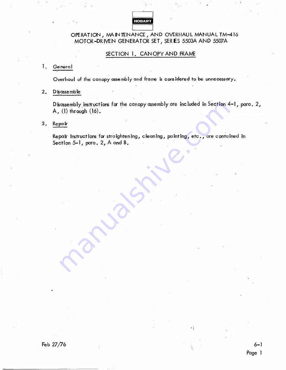 Hobart TM416 Operation And Maintenance Instruction Manual Download Page 181