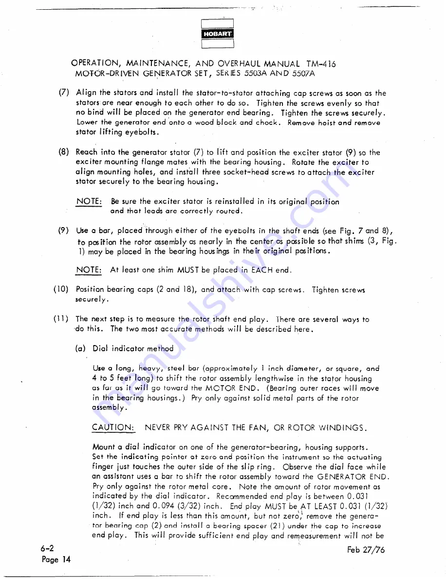 Hobart TM416 Operation And Maintenance Instruction Manual Download Page 196