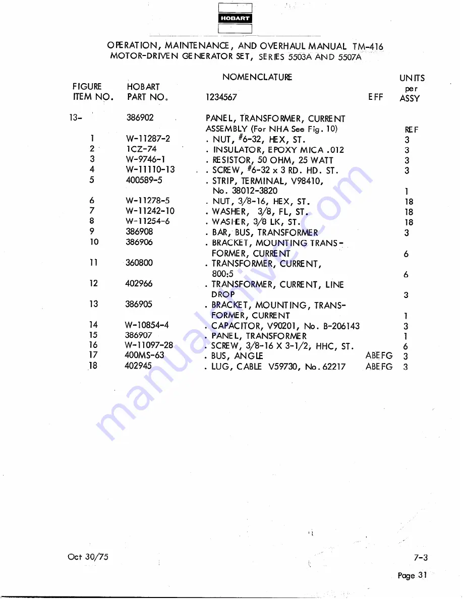 Hobart TM416 Operation And Maintenance Instruction Manual Download Page 241