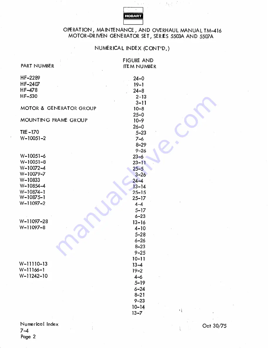 Hobart TM416 Operation And Maintenance Instruction Manual Download Page 276