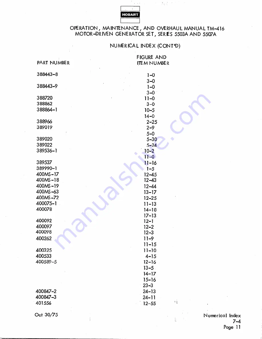 Hobart TM416 Operation And Maintenance Instruction Manual Download Page 285