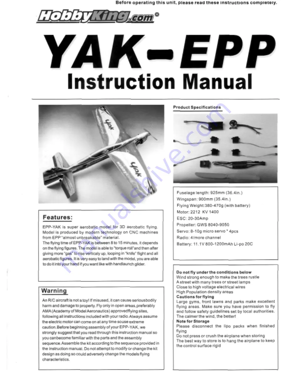 HobbyKing YAK- EPP Instruction Manual Download Page 1