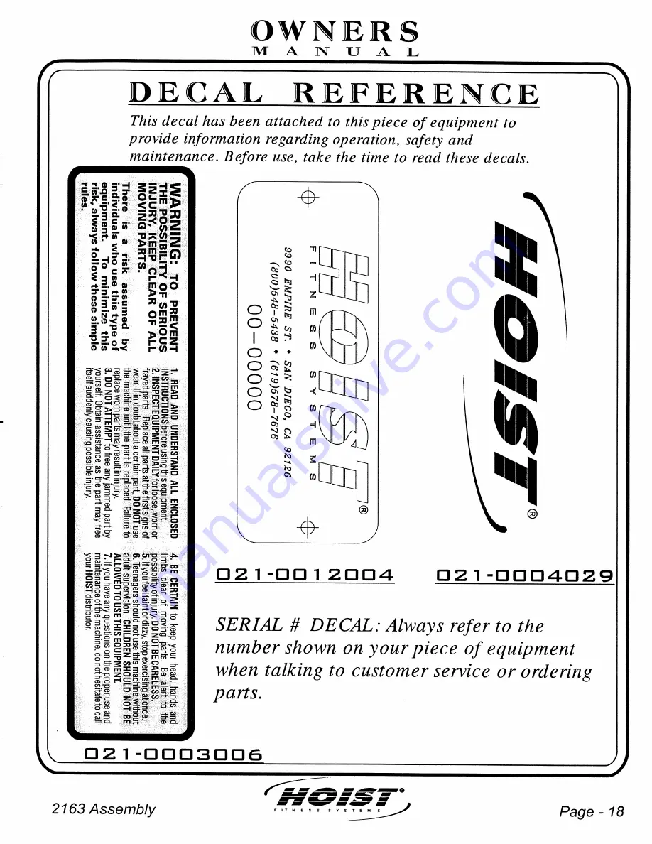 Hoist Fitness CF-2163 Owner'S Manual Download Page 19