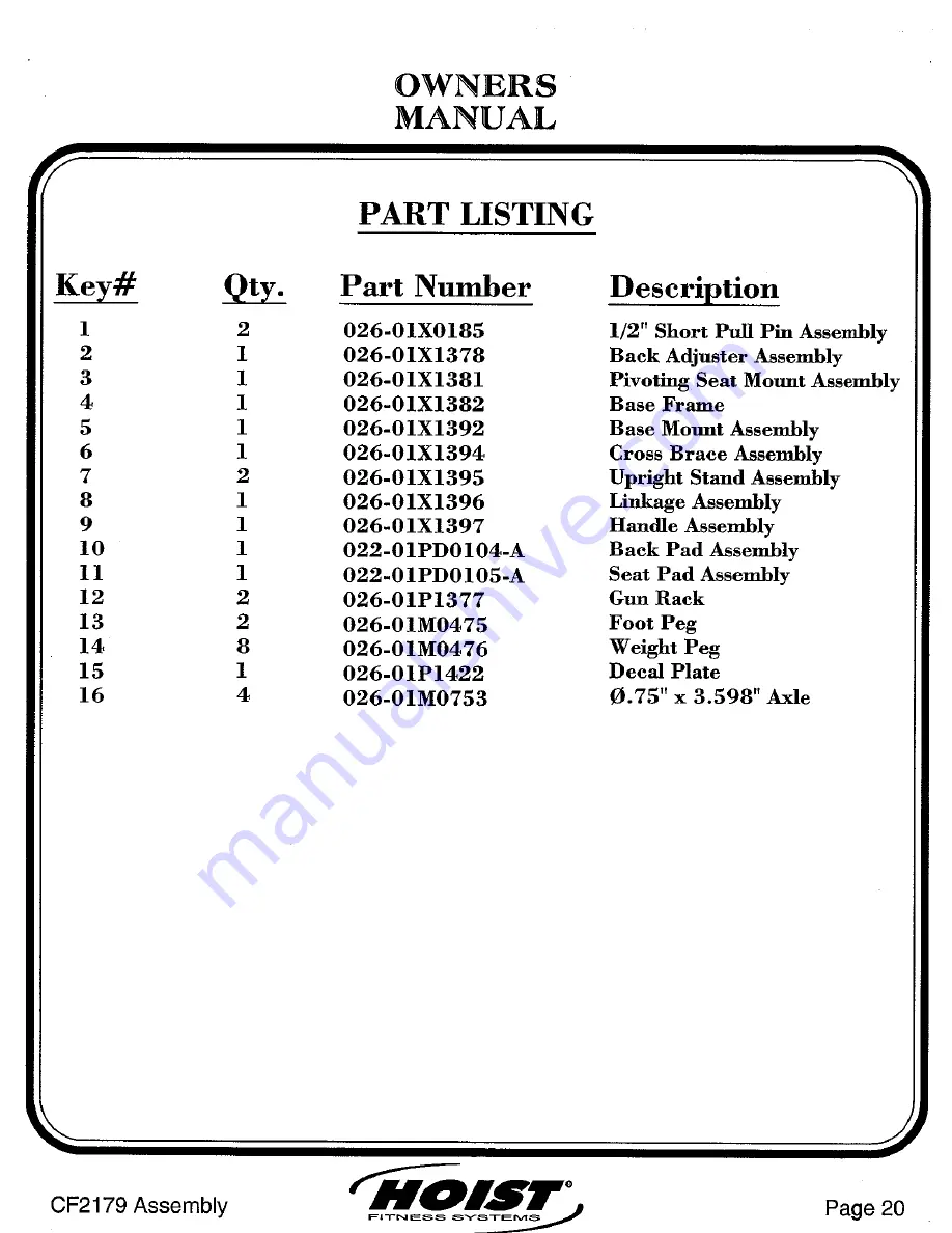 Hoist Fitness CF2179 Owner'S Manual Download Page 20