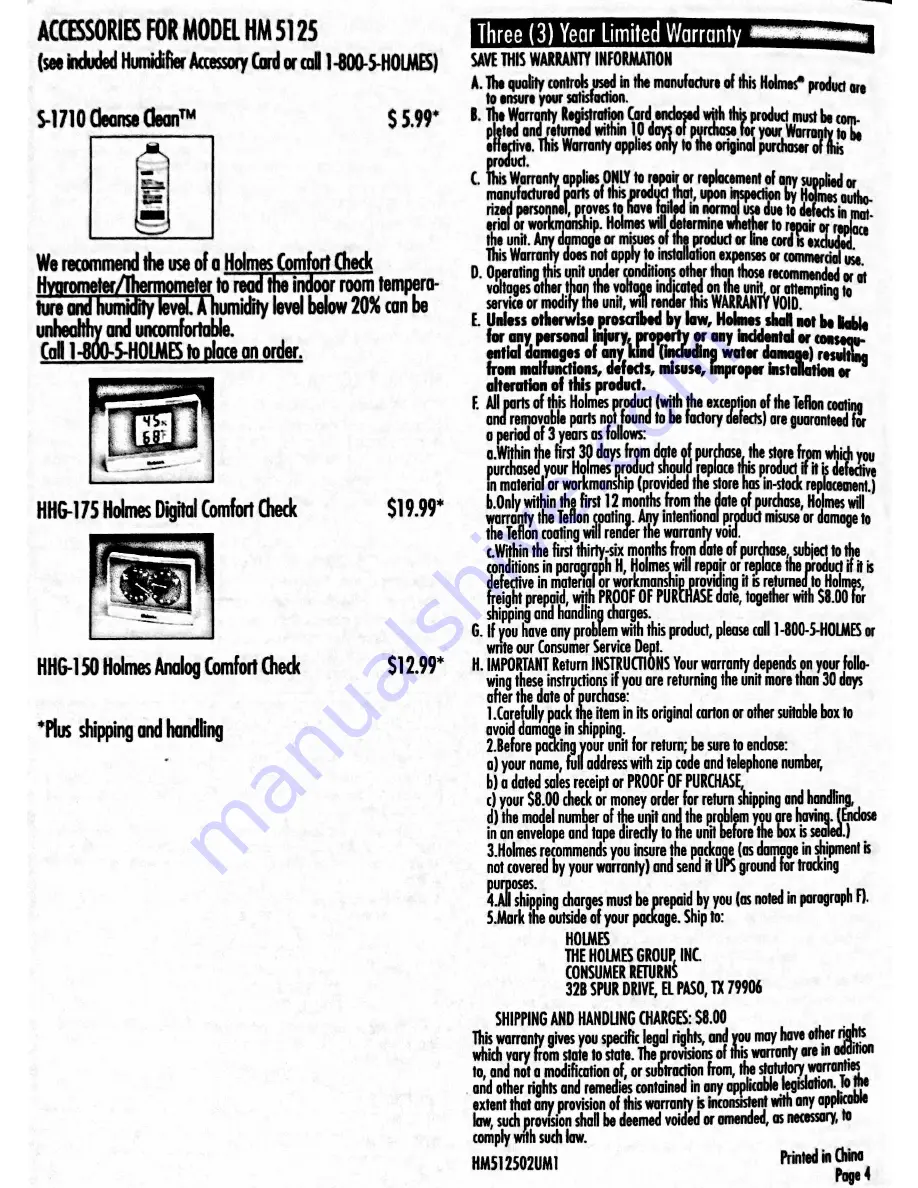 Holmes HM5125 Owner'S Manual Download Page 4