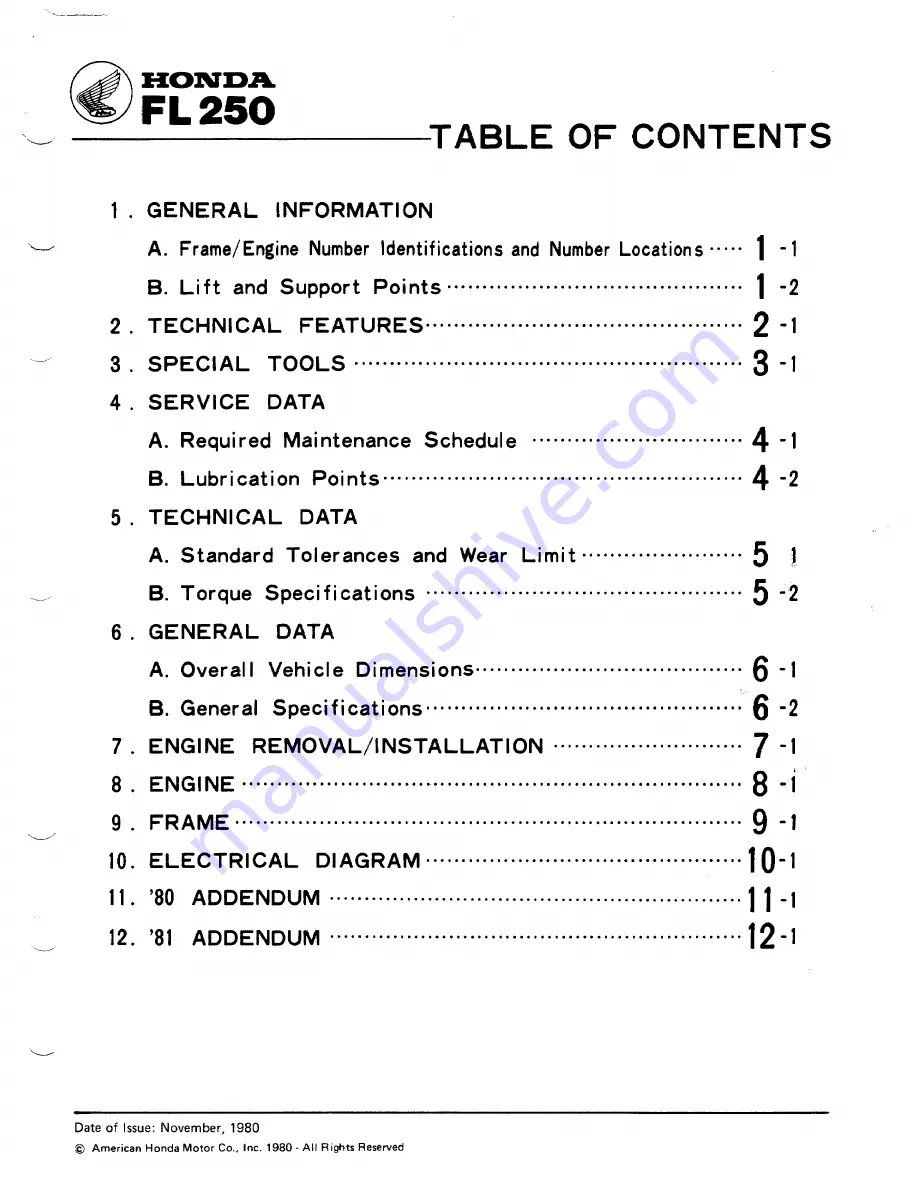 Honda 1981 Odyssey FL250 Shop Manual Download Page 3