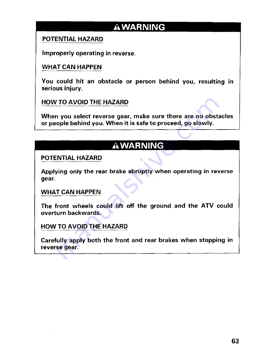 Honda 1997 TRX300 Fourtrax 300 Owner'S Manual Download Page 69