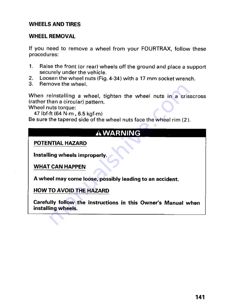 Honda 2000 TRX 350FE FourTrax Rancher 4x4 ES Owner'S Manual Download Page 145