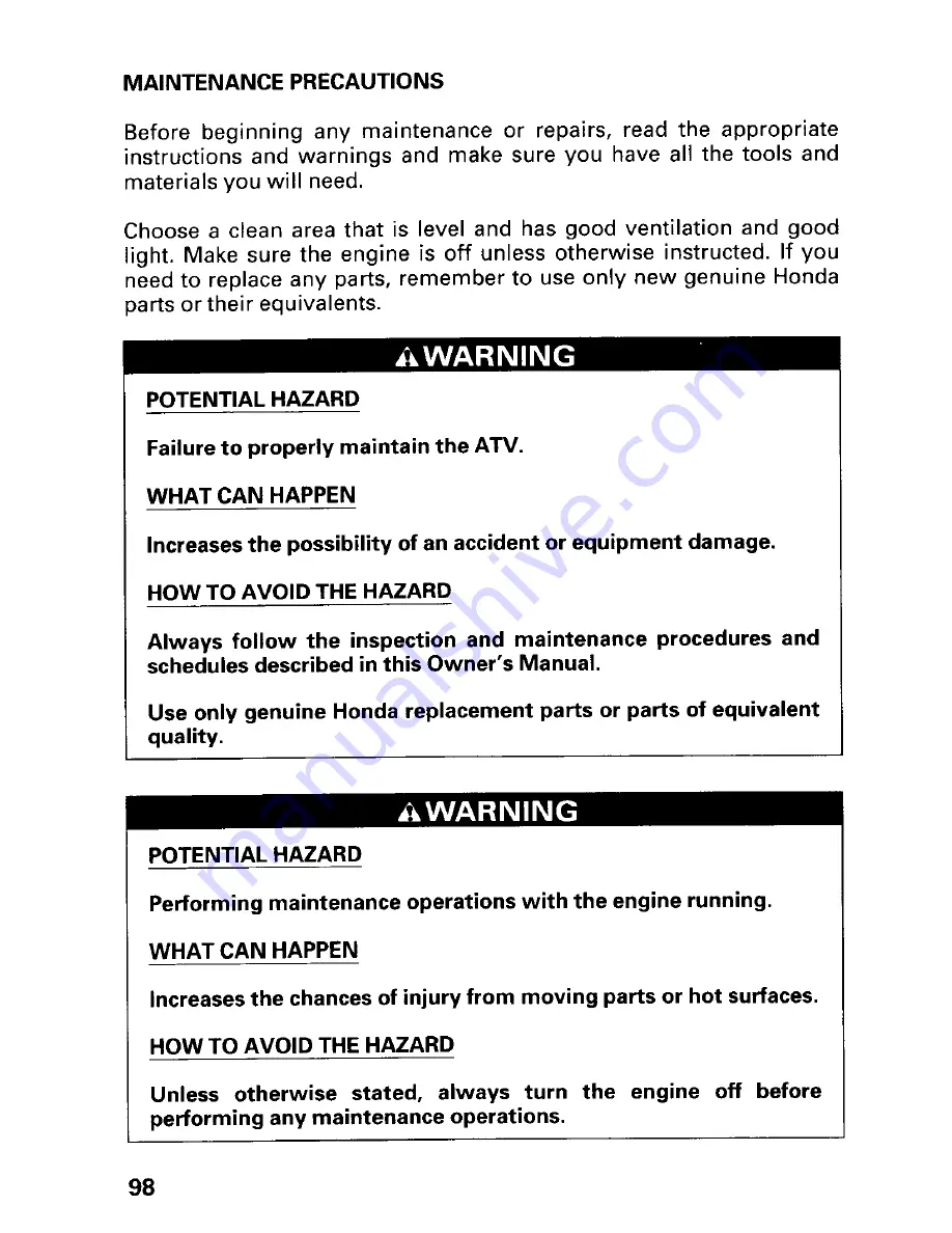 Honda 2001 TRX 450ES Fourtrax Foreman Owner'S Manual Download Page 102