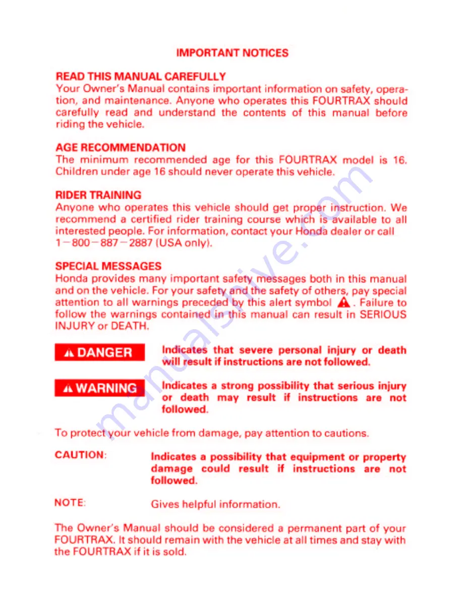 Honda 2002 TRX450FM FourTrax Foreman FM Owner'S Manual Download Page 2