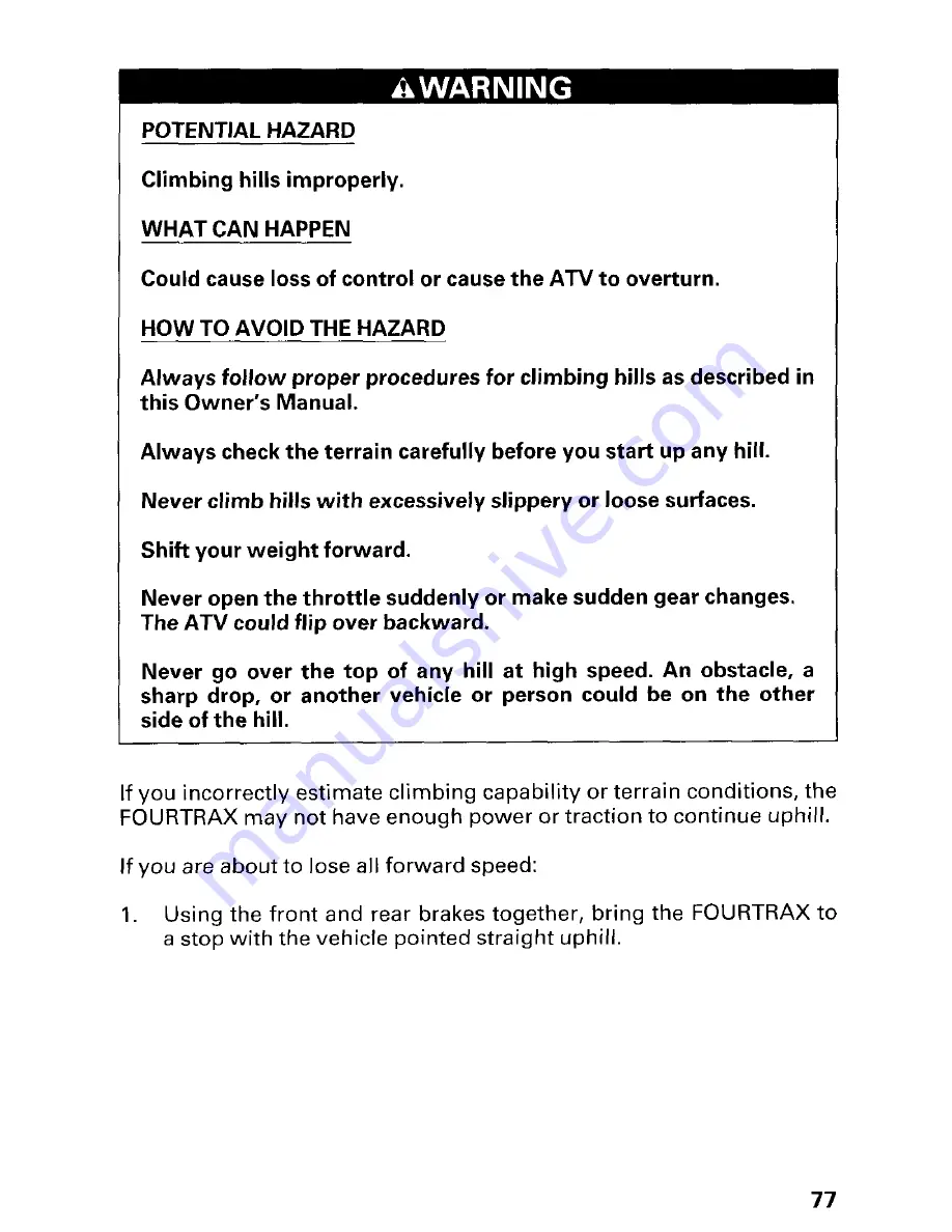 Honda 2002 TRX450FM FourTrax Foreman FM Owner'S Manual Download Page 83