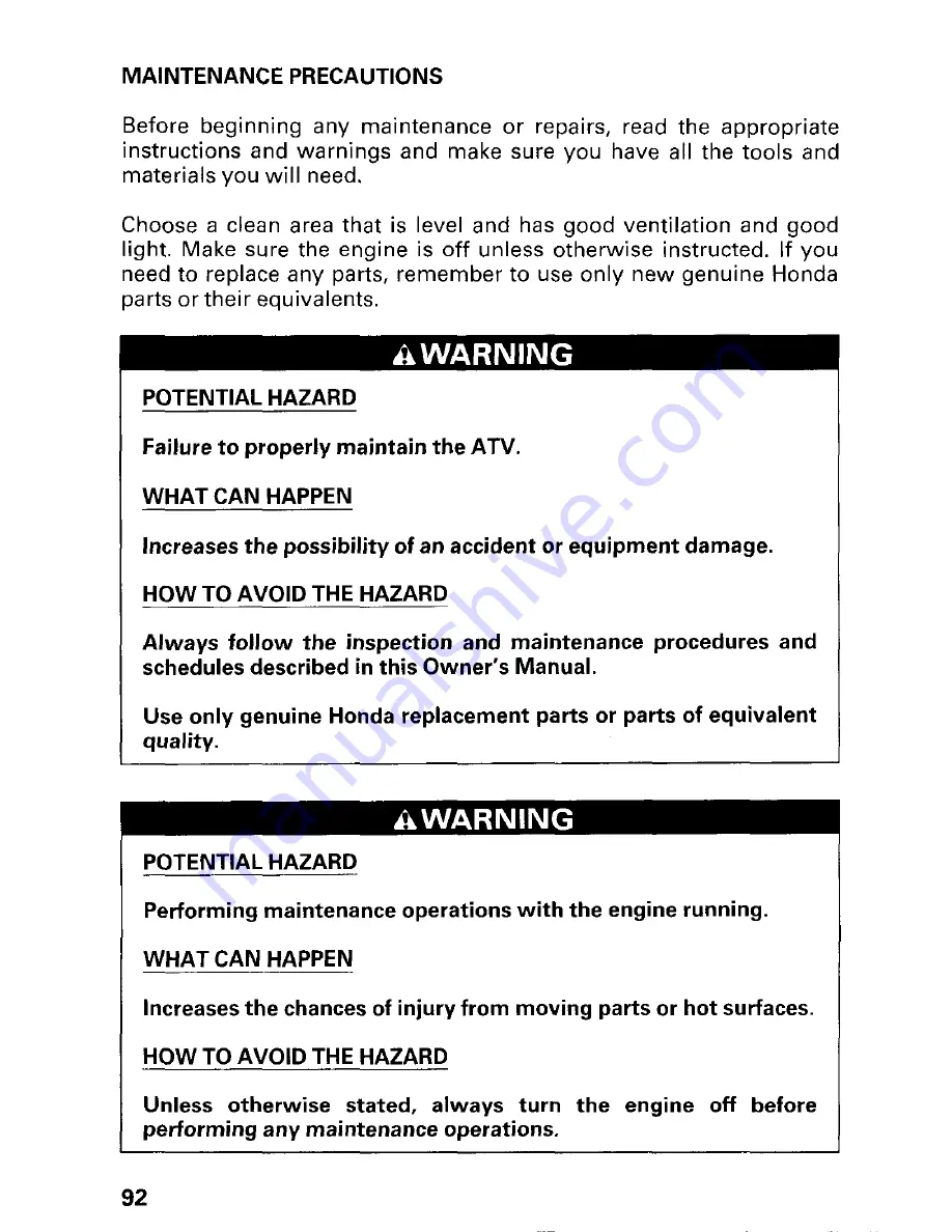 Honda 2002 TRX450FM FourTrax Foreman FM Owner'S Manual Download Page 98