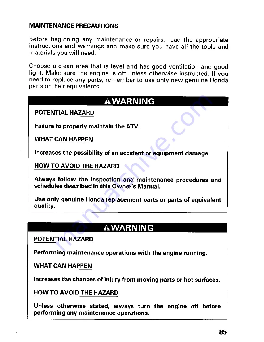 Honda Fourtrax Foreman TRX400FW 1997 Owner'S Manual Download Page 89