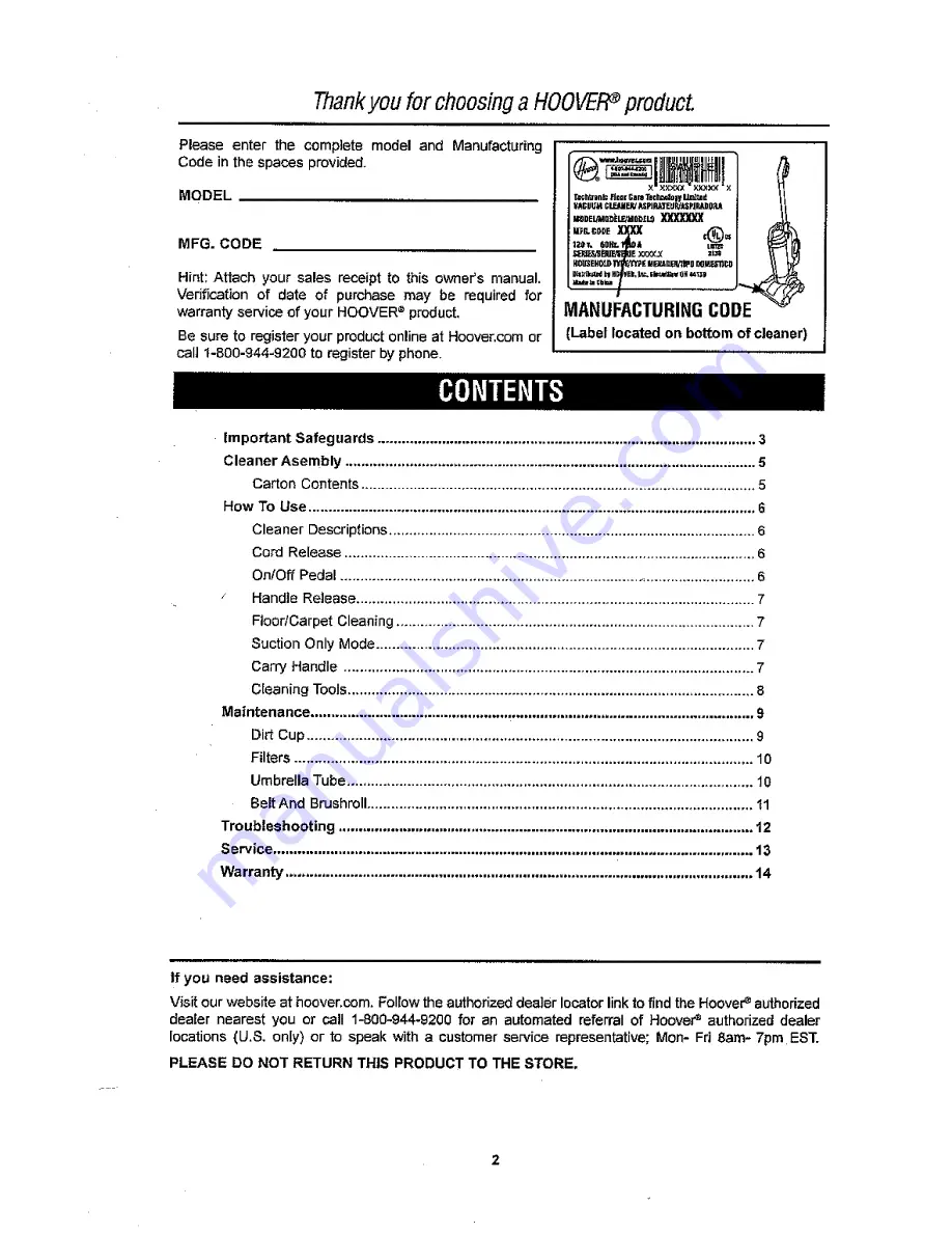 Hoover UH20020 Owner'S Manual Download Page 2