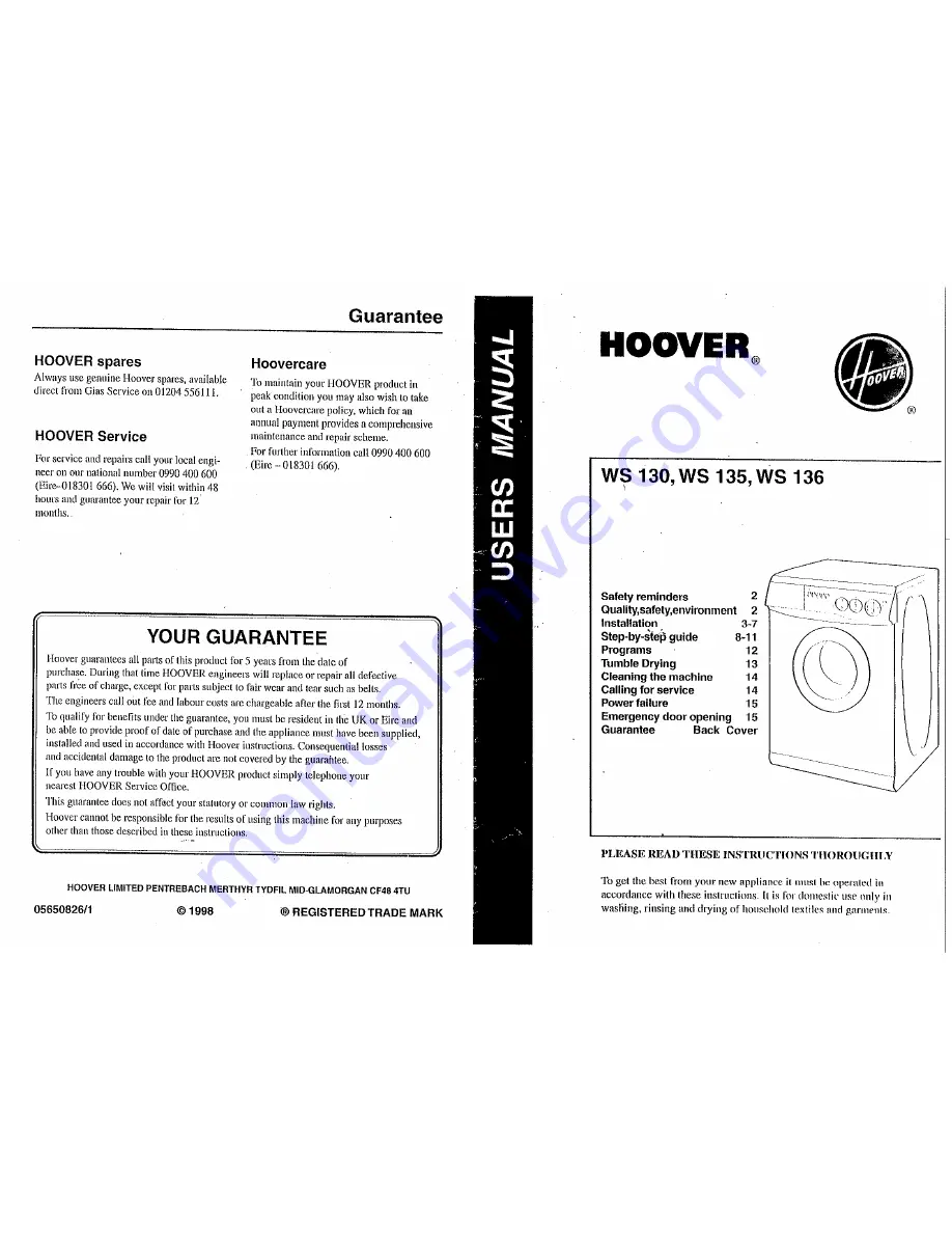 Hoover WS 130 User Manual Download Page 1