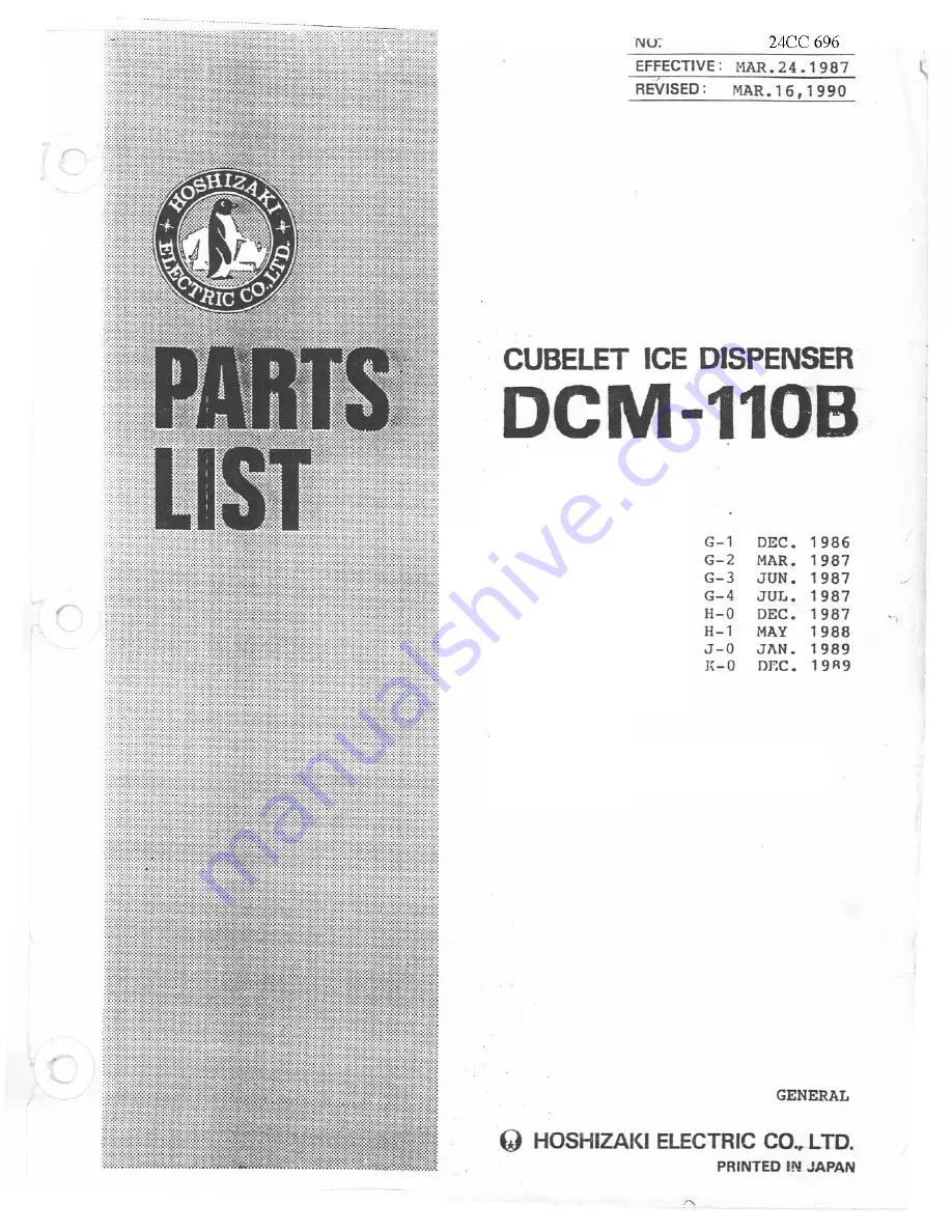 Hoshizaki DCM-110B Parts List Download Page 1