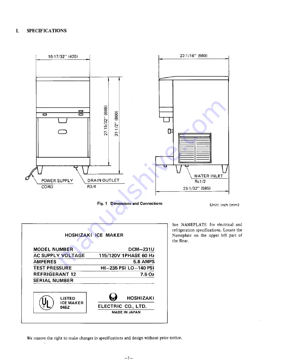 Hoshizaki DCM-231U Service Manual Download Page 7