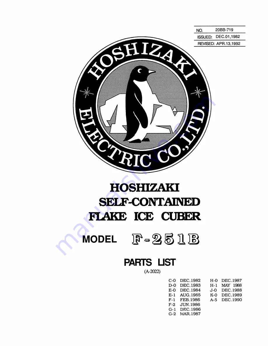 Hoshizaki F-251B Parts List Download Page 1