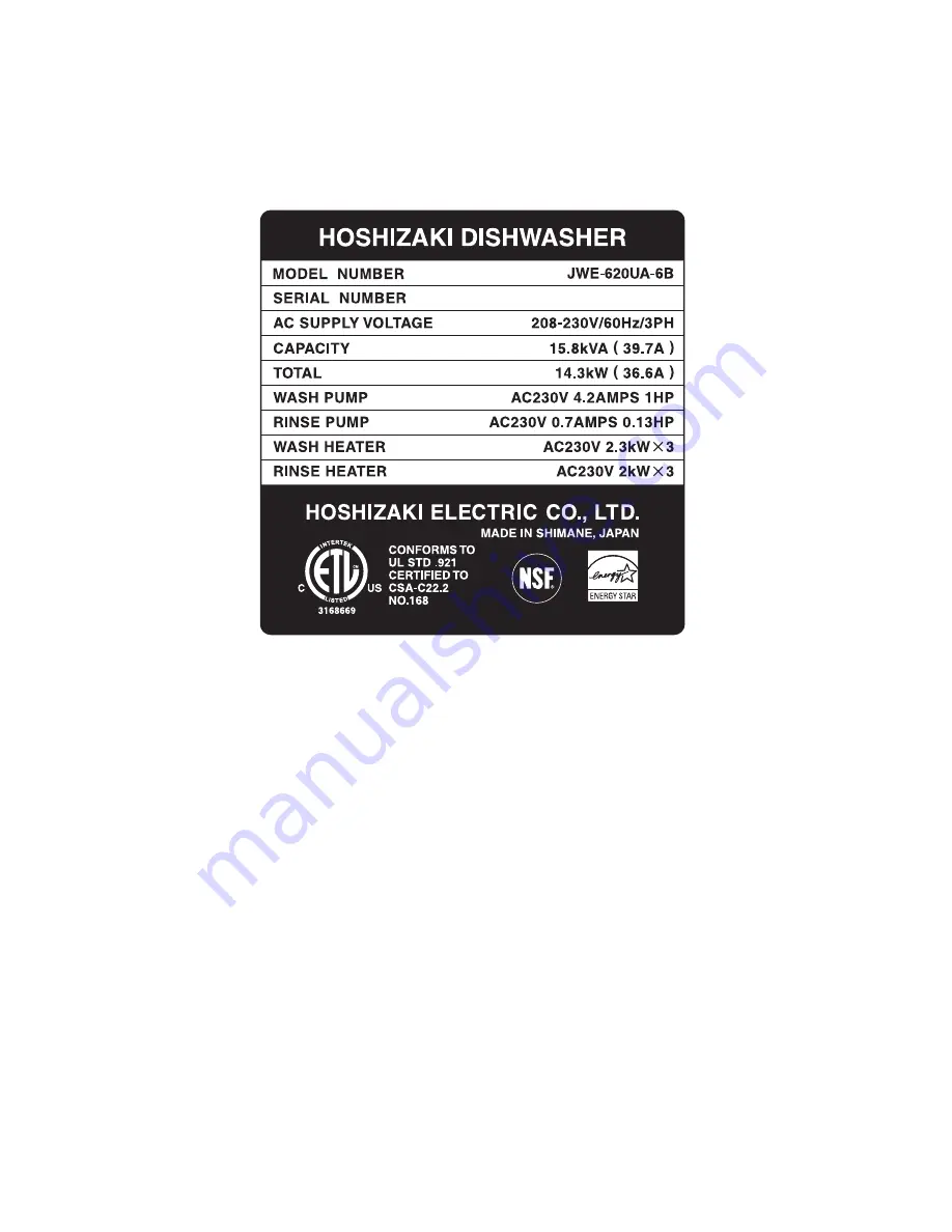 Hoshizaki JWE-620UA-6B Service Manual Download Page 7