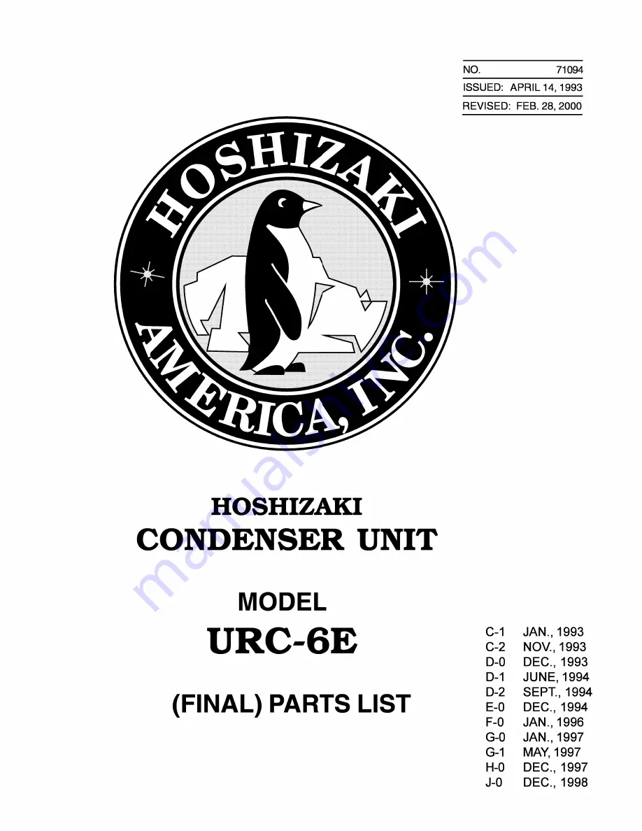 Hoshizaki URC-6E Parts List Download Page 1