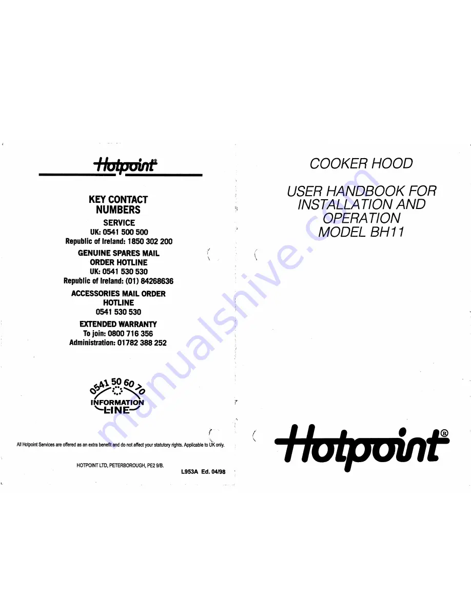 Hotpoint BH11 Скачать руководство пользователя страница 1