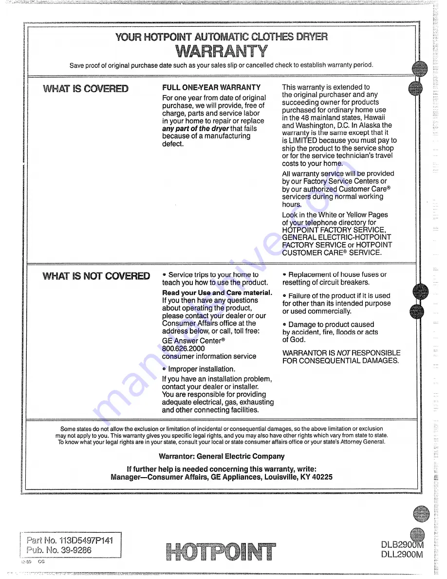 Hotpoint DLB2900M Use And Care Manual Download Page 15