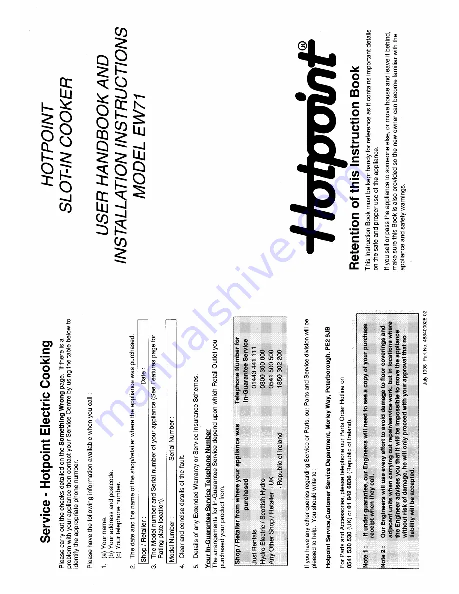 Hotpoint EW71 User Handbook And Installation Instructions Download Page 1