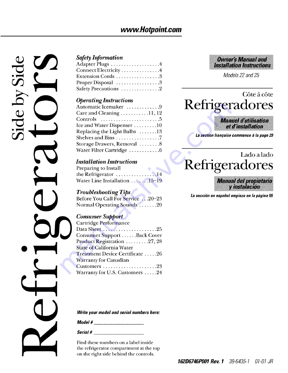 Hotpoint HSS22IFMACC and Owner'S Manual And Installation Instructions Download Page 1